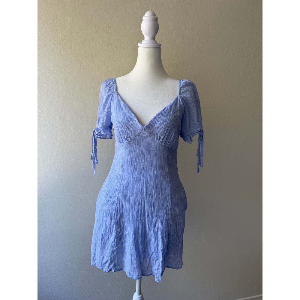 Lulus Blue Puff Sleeve Mini Dress Size S Cotton Rayon V Neck Casual Summer Party